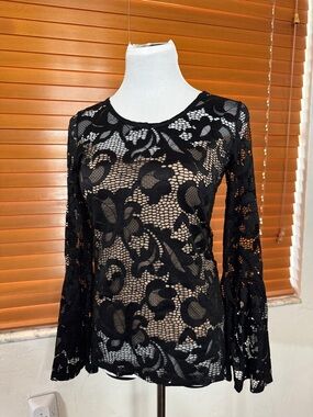 INC International Concepts Black Floral Lace Long-Sleeve Top Sz XS